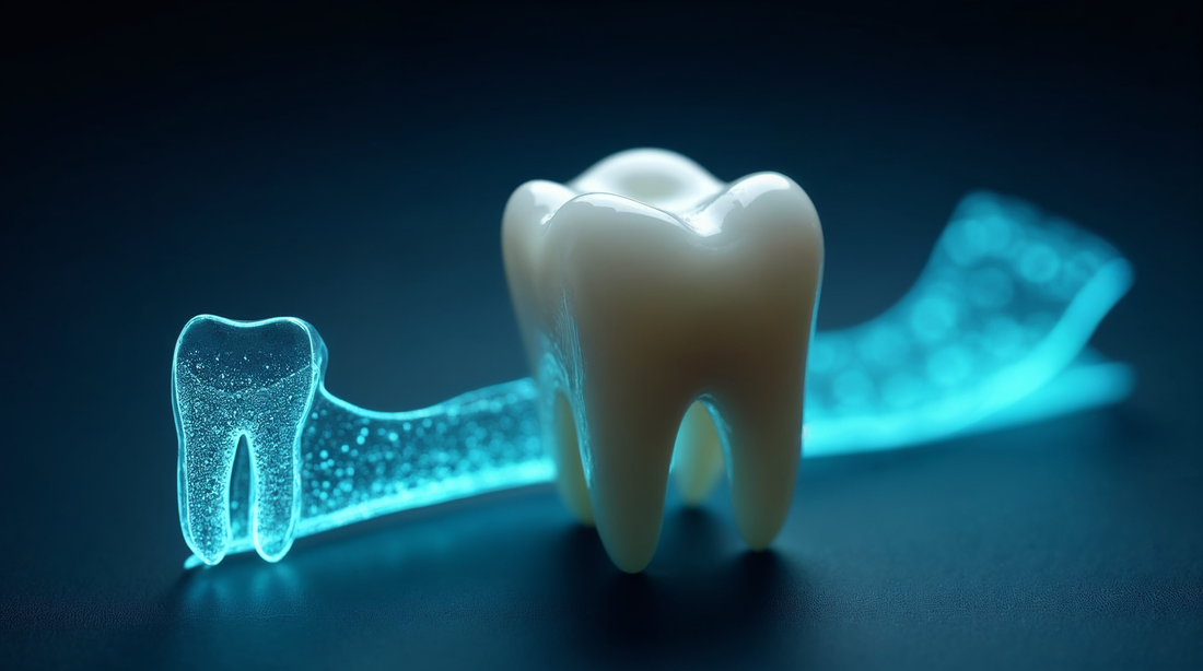 Macro of a tooth with a translucent whitening strip beside a glowing cyan dentinal tubule cross-section
