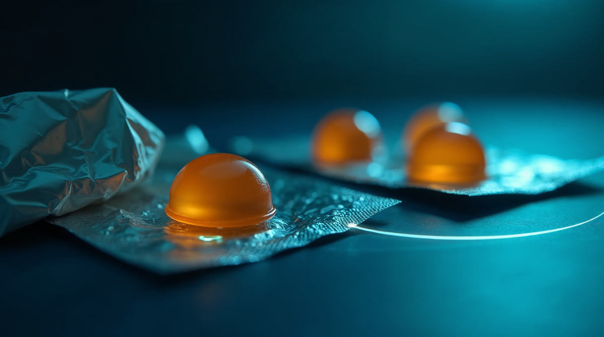Amber cough lozenges and a foil blister pack beside a glowing cyan declining saliva flow curve