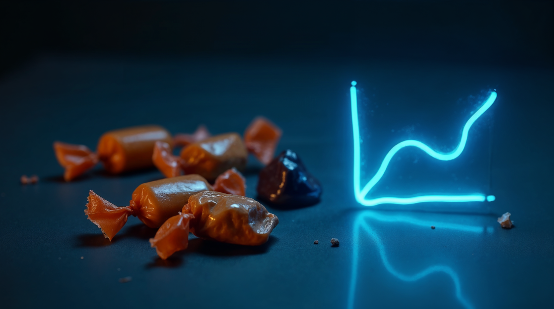 Wrapped candies scattered on a deep navy surface beside a glowing cyan acid-versus-time curve