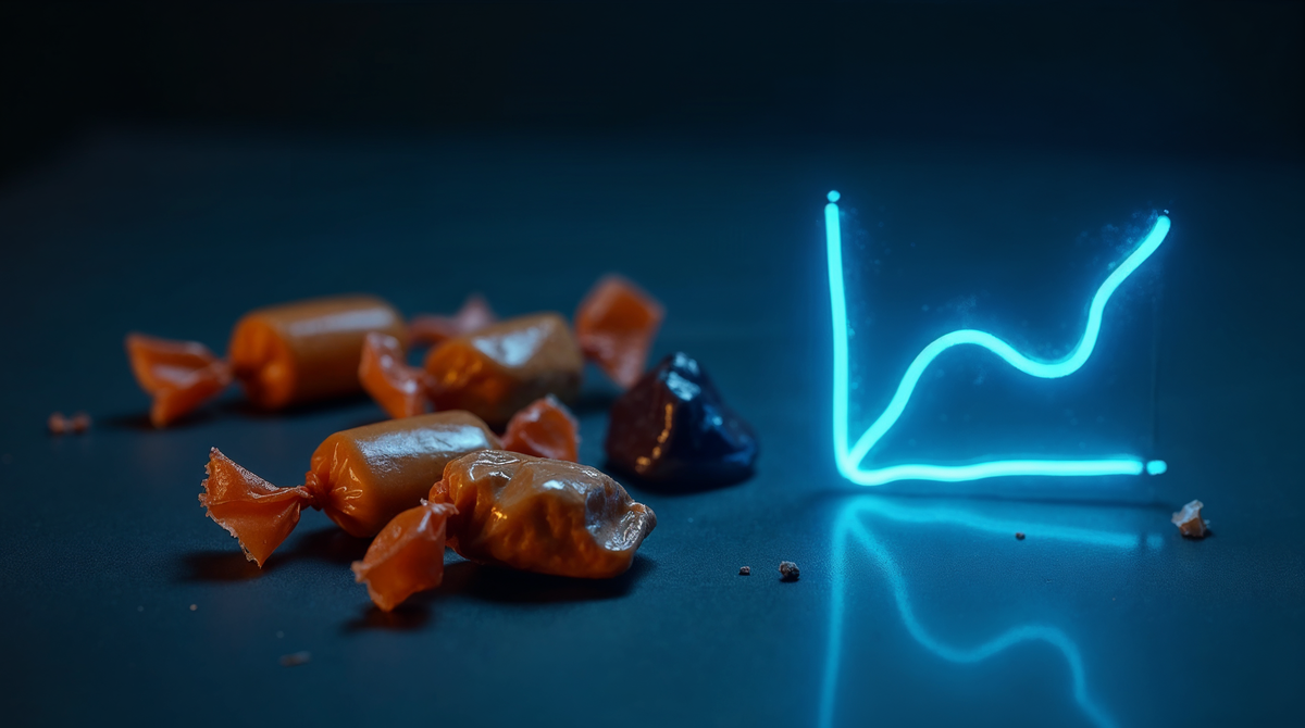 Wrapped candies scattered on a deep navy surface beside a glowing cyan acid-versus-time curve