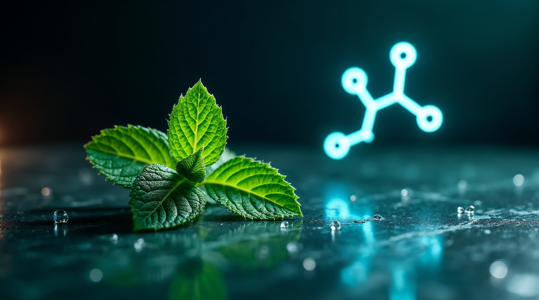 Fresh spearmint leaves with dew beside a glowing sulfur compound molecular diagram