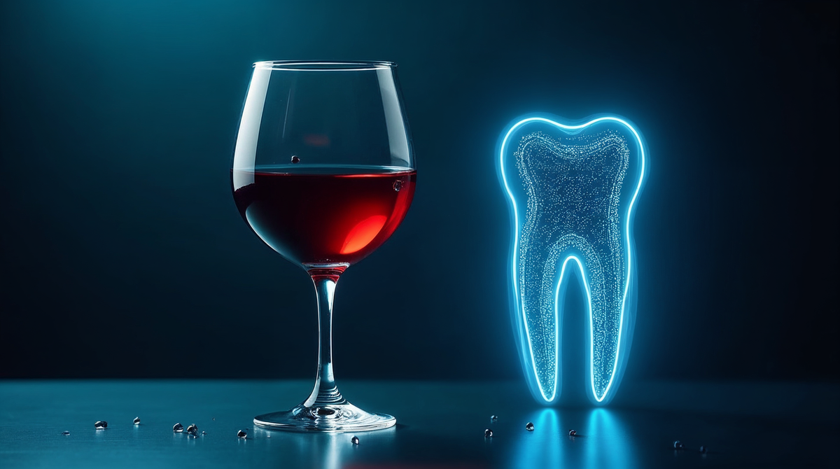 A glass of red wine beside a glowing cyan cross-section diagram of tooth enamel