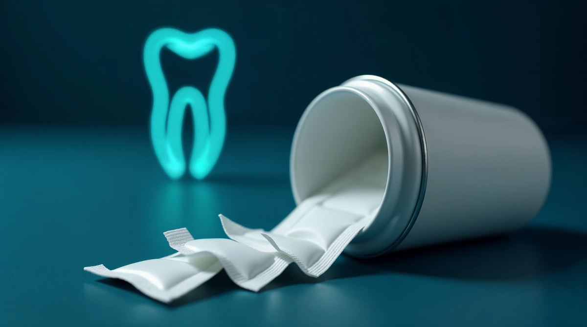 An open white tin with oral pouches spilling out beside a glowing cyan diagram of a tooth with a receding gum line