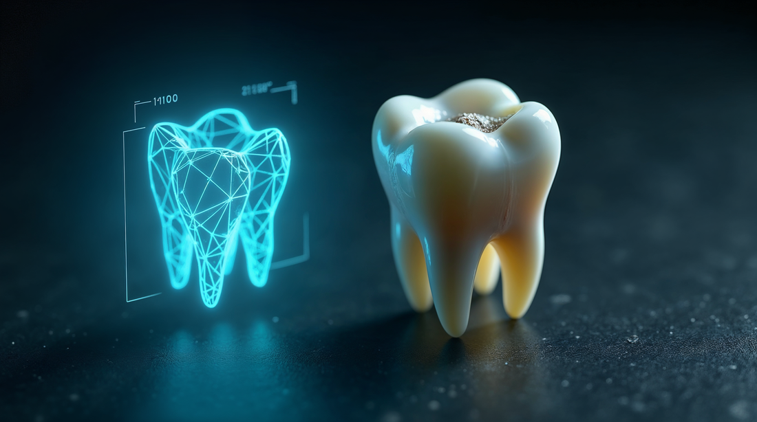 Macro photograph of a tooth with a chalky white spot beside a glowing cyan crystal lattice diagram
