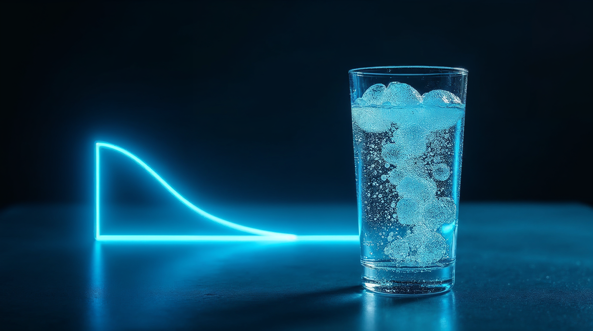 A glass of sparkling water beside a glowing cyan curve descending across a horizontal threshold line