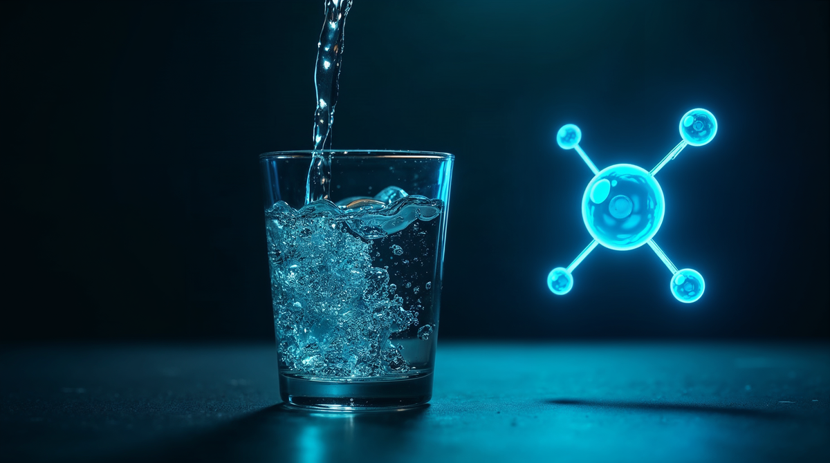 A glass of tap water mid-pour beside a glowing cyan line-art diagram of a fluorine atom and a crystal lattice